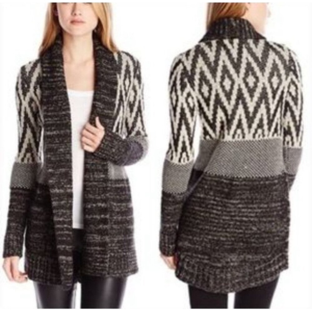 Lucky Brand Los Angeles Women's Black Cream Knit Open Front Cardigan Sweater